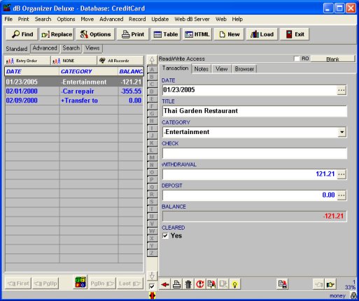 credit card transactions manager, database