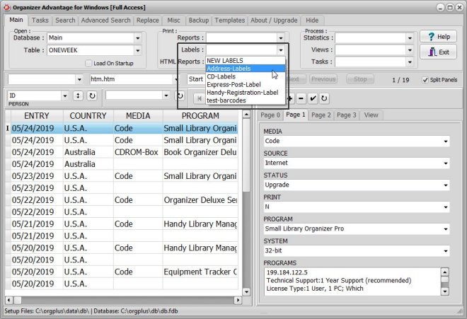 organizer advantage, label window, labels are accessed from main window