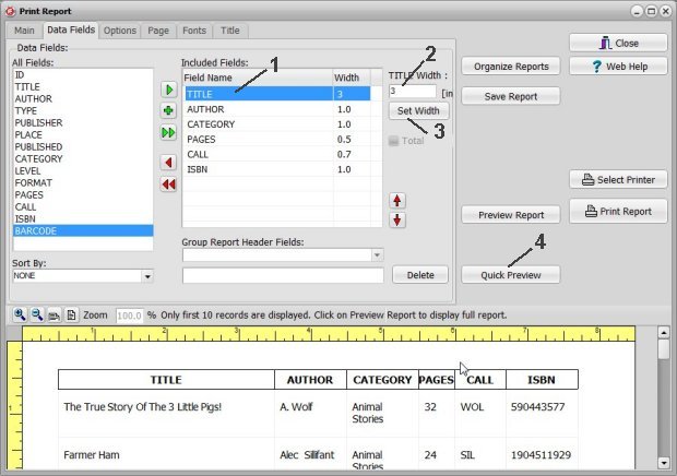 book catalog, print report sample, simple book list report, define column width