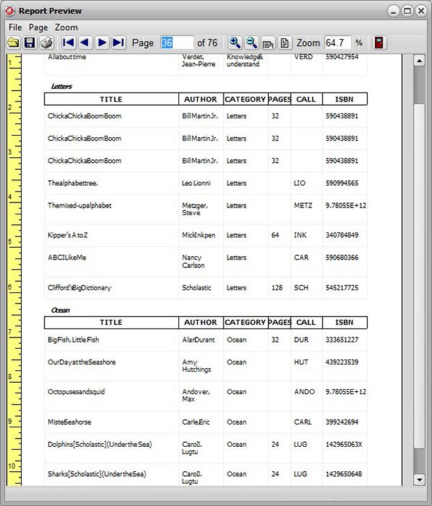 book catalog, print report sample, simple book list report, preview report