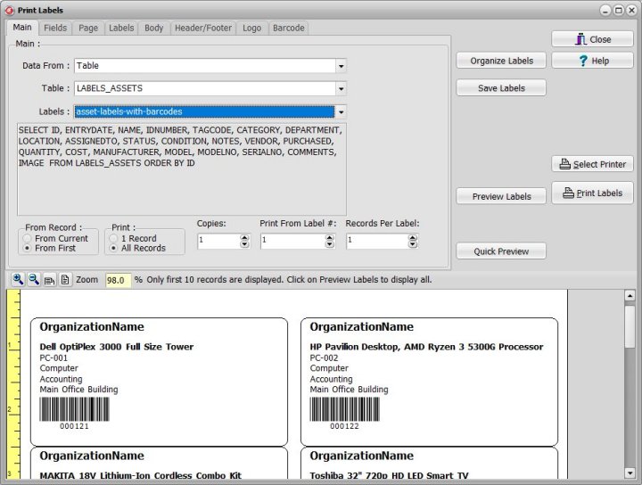labels organizer asset info label with barcode