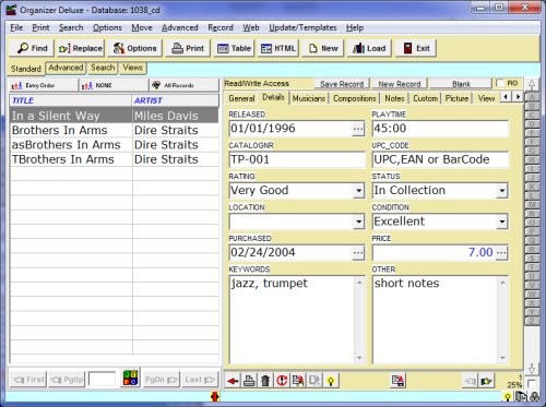 Free CD Music Catalog database template for Organizer Deluxe and Pro