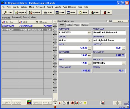 mutual founds transactions manager, database