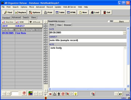 simple notes manager, database