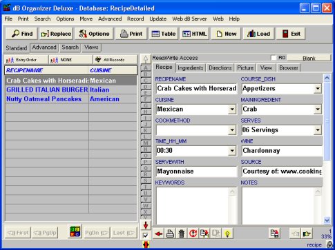 recipe database, software, organizer
