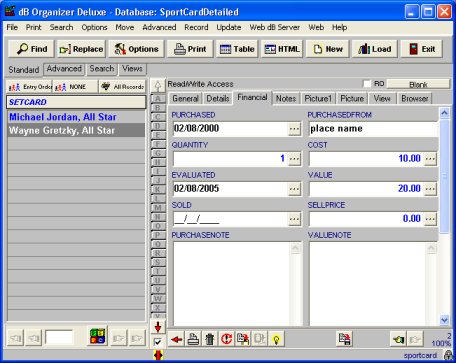 sport card organizer, database, inventory software