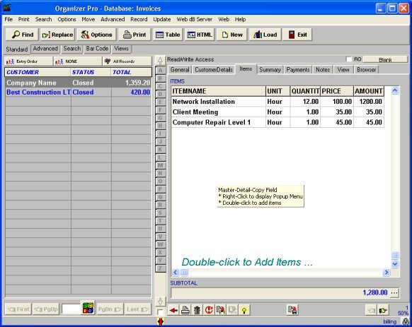 billing software, enter billing items