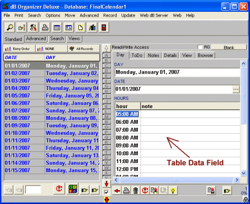 database, table field, day schedule