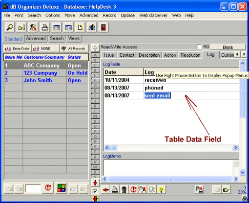 database, table field, log history