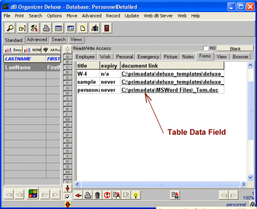database, table field, document list