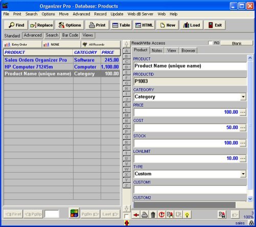 sales orders, products database