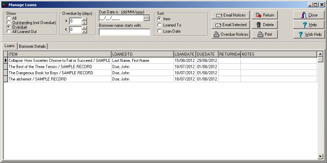 manage loans window, display overdue items only