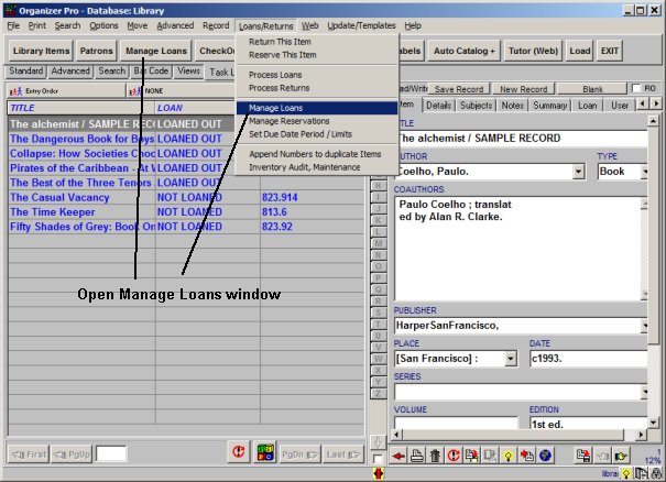 library software, open manage loans window