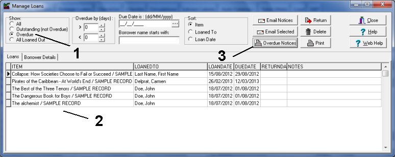 manage loans, select overdue items, print overdue letters