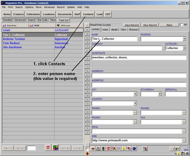 museum software, enter business contacts, museum donors