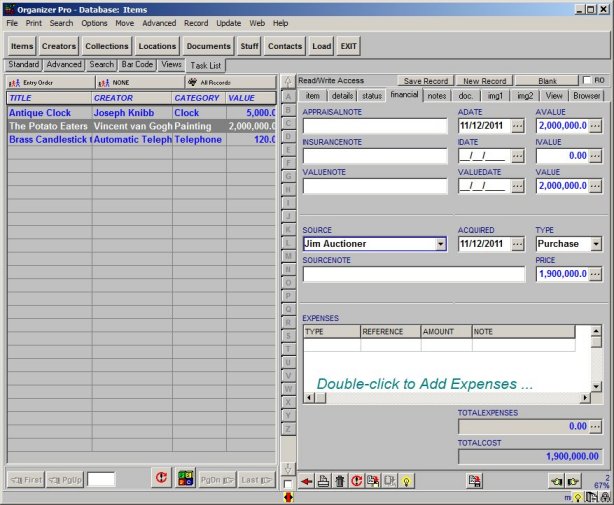 museum software, track item expenses