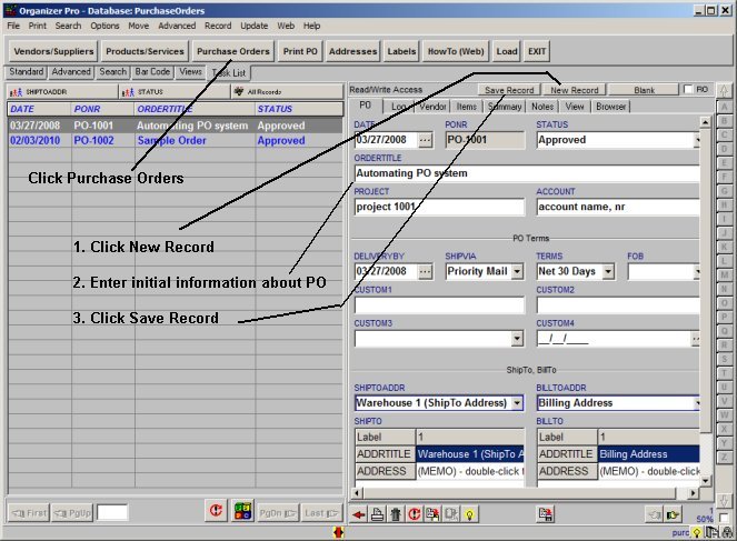 purchase order database, create po