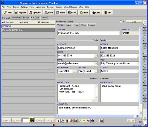 purchase order enter vendor supplier data