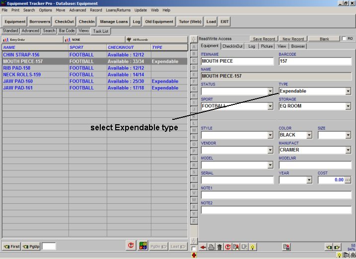 sport equipment software expendable items