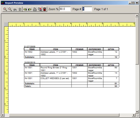 stockroom inventory, incoming transaction by date report preview