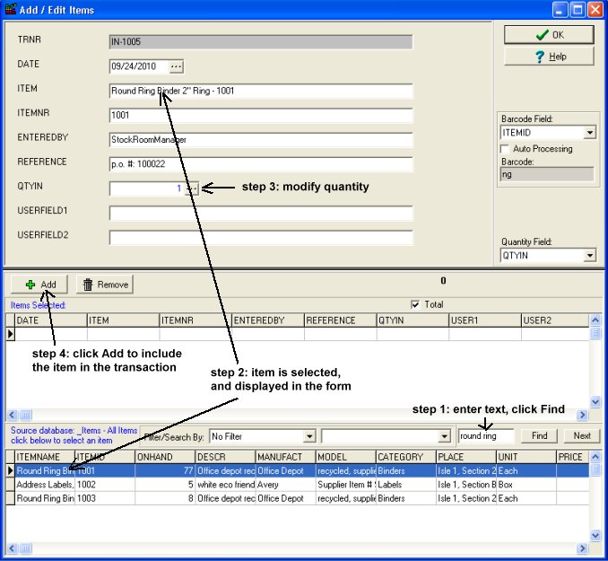 stockroom, warehouse manual transactions, using find