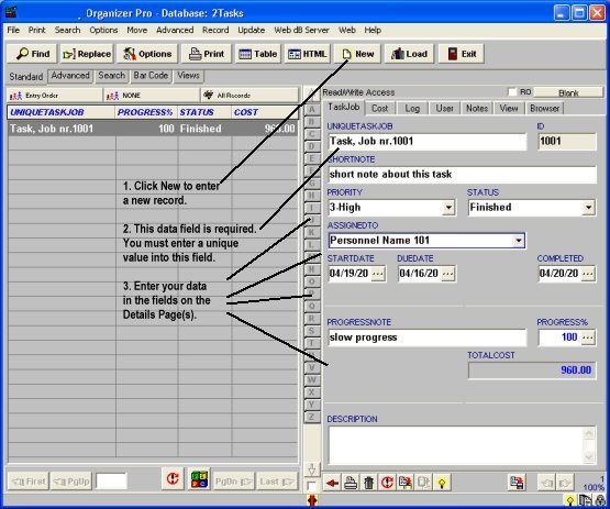 task job manager, enter task job data