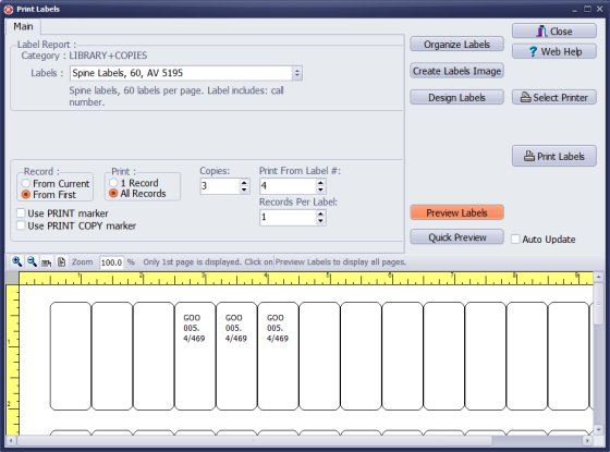 print labels, set starting position, set number of copies