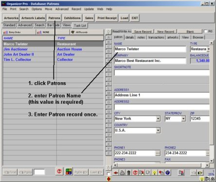 artist patrons pro database artwork enter software help organizer dealers customers suppliers galleries primasoft