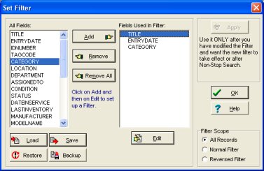 asset filter, select field used in the filter