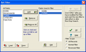 dictionary software filter database