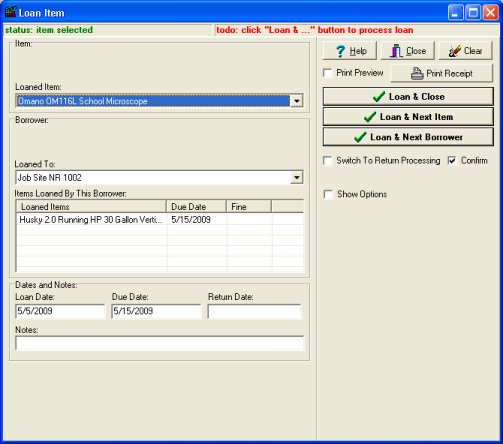 record equipment tool assignment transaction