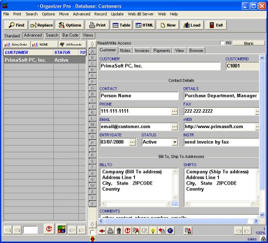 sales orders, customers database