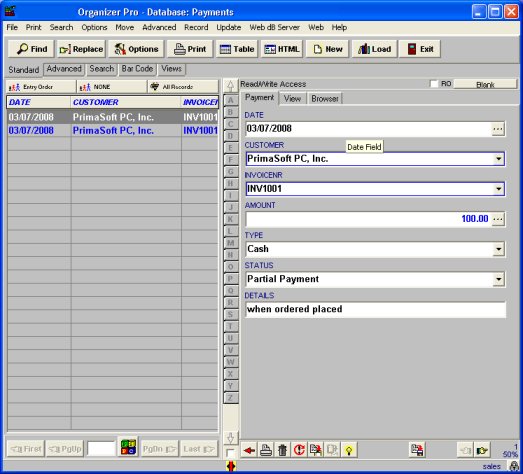 sales orders, payments database