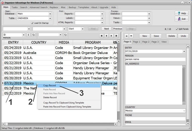 organizer advantage, enter data, copy record command from the grid