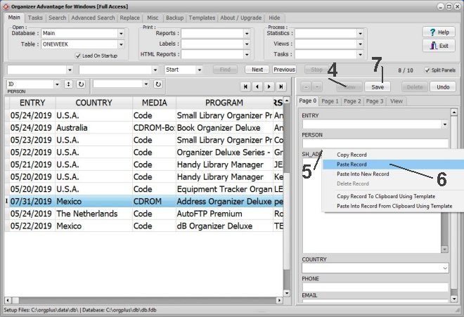 organizer advantage, enter data, paste record into the new one