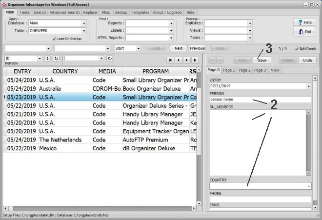 organizer advantage, enter data, type in information, save