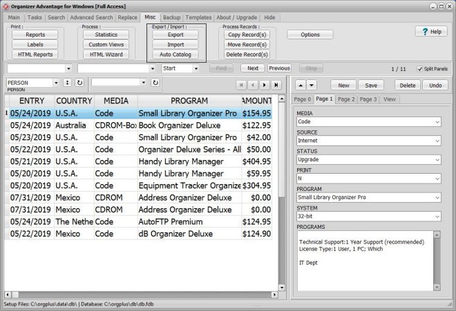 organizer advantage, enter data, import and autocataloging commands