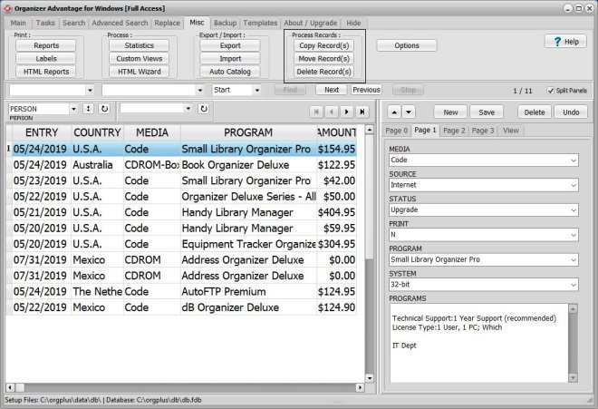 organizer advantage, enter data, copy or move records between tables