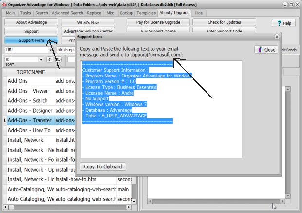 organizer advantage transfer support