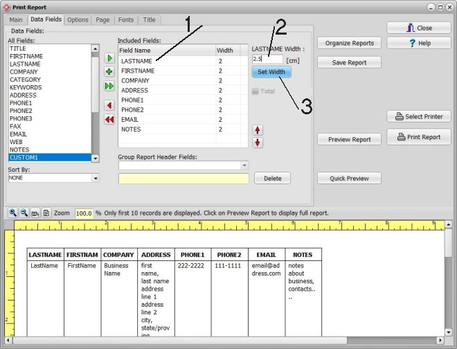 address list report, define new width in centimeters