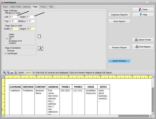 address list report, left and right margin