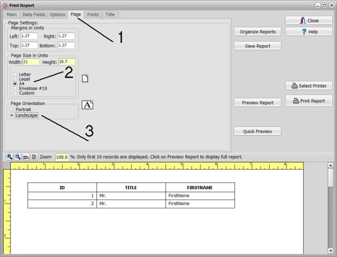 address list report, select A4 and Landscape