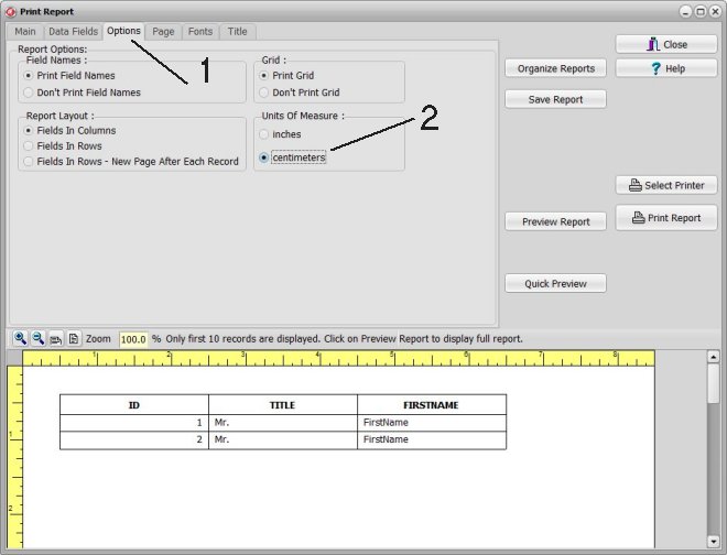 address list report, select centimeters