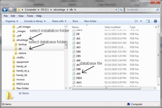 advantage, find database folder and database file name