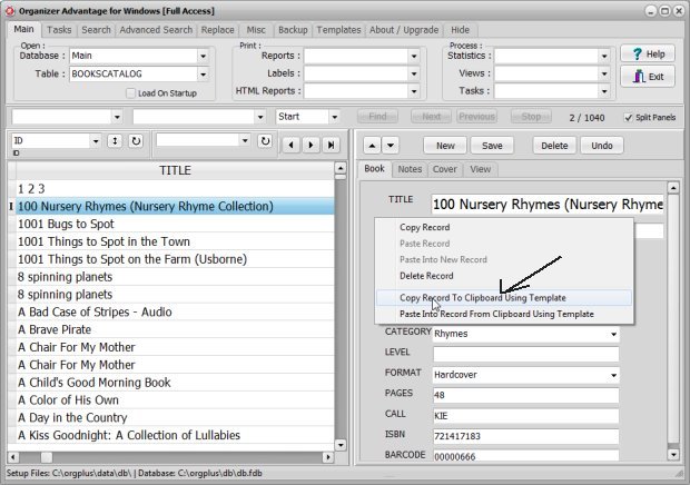 copy record into clipboard using template file, command