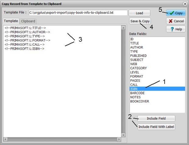 copy record into clipboard using template file, define template commands