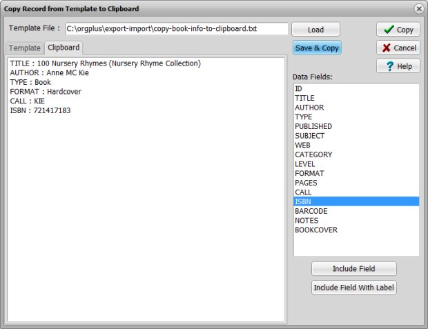 copy record into clipboard using template file, save template and review result