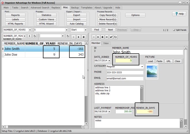 organizer, calculated field, membership, days remaining, number of years