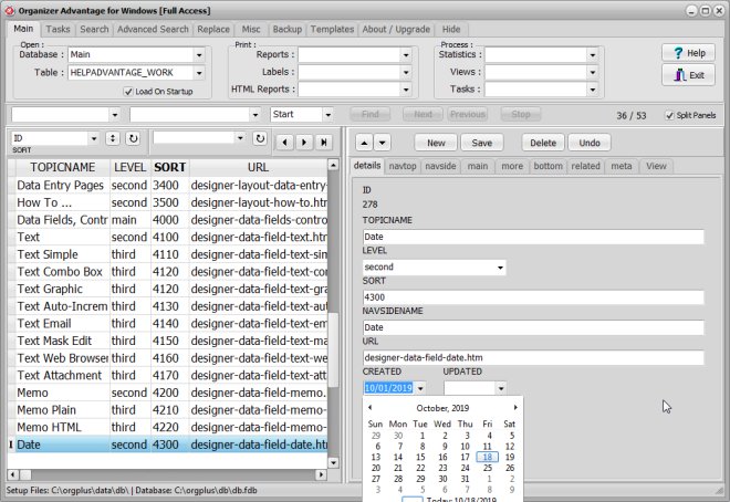 text field type, date control type