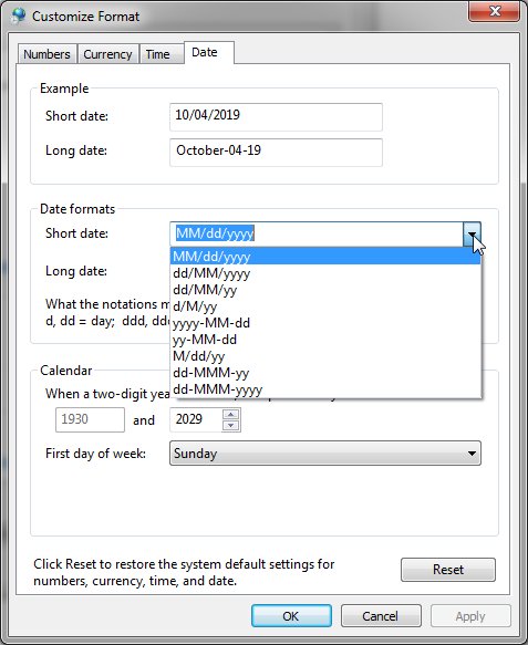 text field type, date format from windows date format